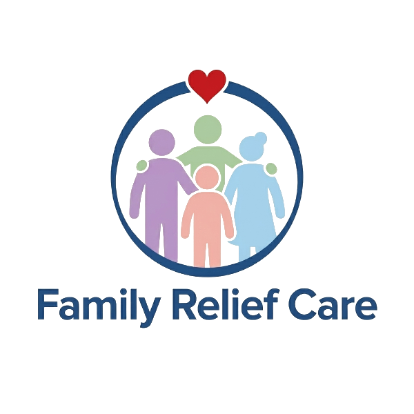 Family Relief Care — a family gathered within a circle topped by a heart